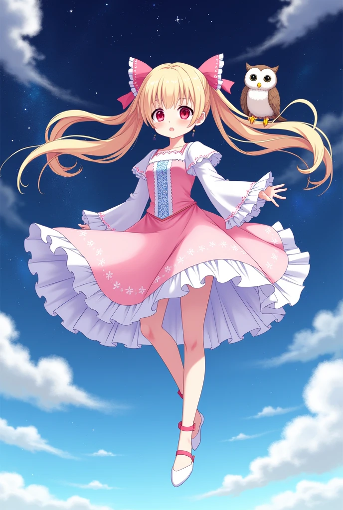 ((best quality)) , ((masterpiece)) , (detailed),A cute blonde girl with red eyes, dressed in pink and white decorated with blue patterns on the chest area of her dress is flying through space. She has long hair tied back in two pigtails that have bows on them. There's an owl perched next to her. The background is a clear sky. In the style of Japanese anime art.