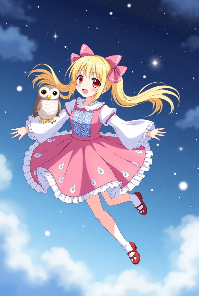 ((best quality)) , ((masterpiece)) , (detailed),A cute blonde girl with red eyes, dressed in pink and white decorated with blue patterns on the chest area of her dress is flying through space. She has long hair tied back in two pigtails that have bows on them. There's an owl perched next to her. The background is a clear sky. In the style of Japanese anime art.