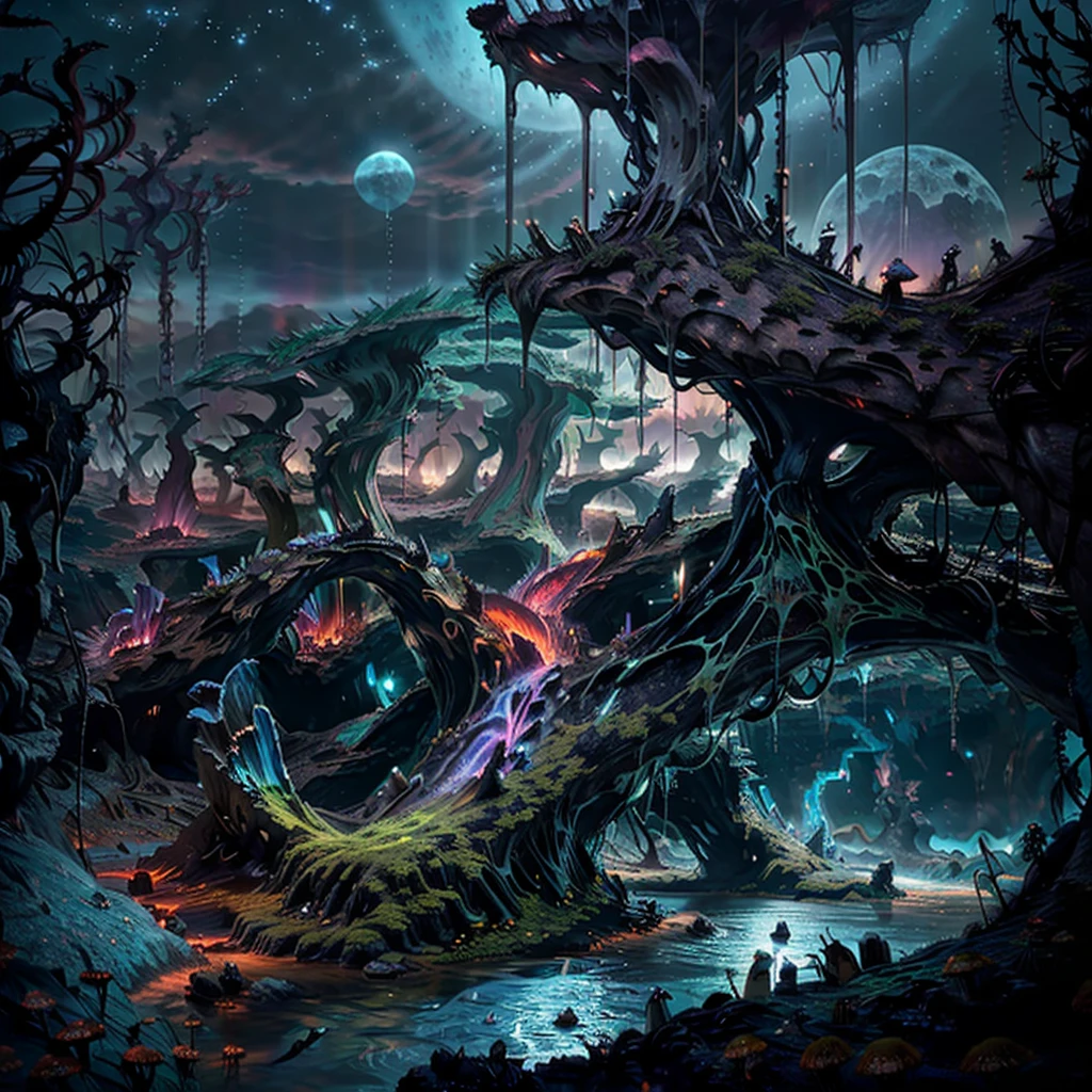 an ancient alien planet landscape spans the horizon, strange bioluminescent trees plants flowers shrubs mushrooms vines, streams crevices caves biomes caverns canyons valleys tall mountains in the distance, sunrise