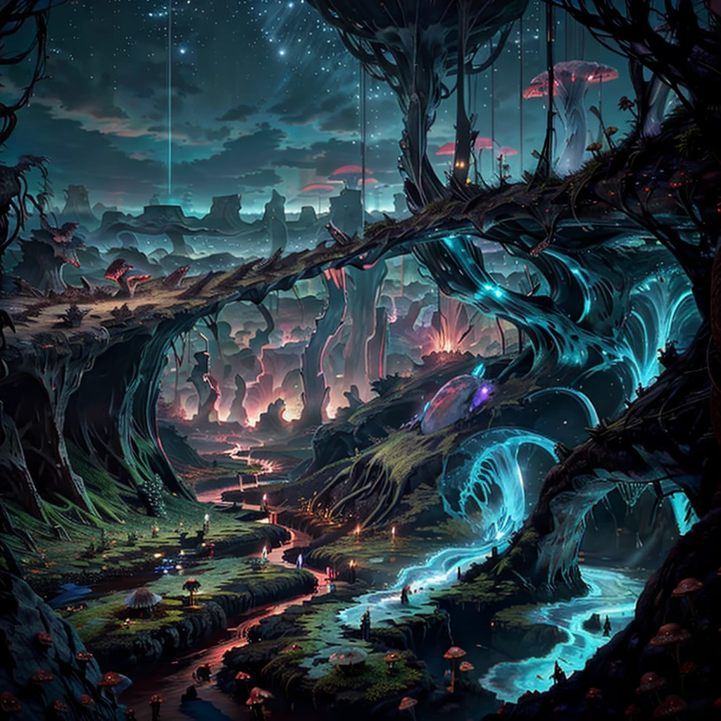 an ancient alien planet landscape spans the horizon, strange bioluminescent trees plants flowers shrubs mushrooms vines, streams crevices caves biomes caverns canyons valleys tall mountains in the distance, sunrise