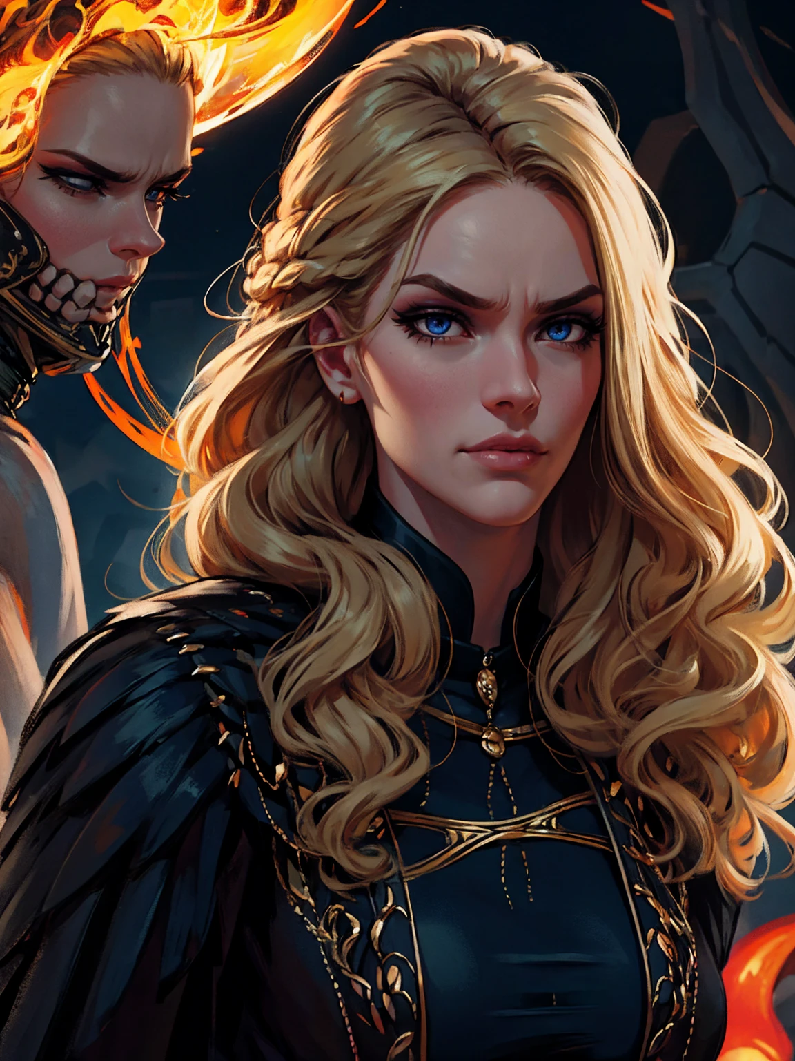 {-erro_de_anatomia:1.0}(Masterpiece - Ultra-Detailed, High Resolution) woman 40 years old, a woman (johanna constantine), wearing a brown overcoat , very long blond hair, curly hair, (blond hair), (dark blue 1 eyes), black choker . Indifferent look , merciless, dinamic poses, egoist smile, angry face, backwards, looking back