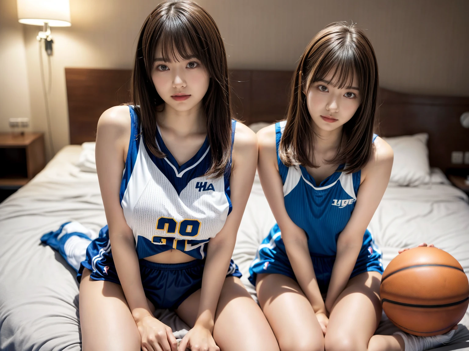 masterpiece, best quality, illustration, Super detailed, fine details, High resolution, 8K,wall paper, perfect dynamic composition,(Details High quality, realistic depiction of eyes:1.3), (2 girls), (NBA),(basketball sportswear),(play basketball),(reality), short bob hair, in a hotel room in the background, deep on field, large breasts, black hair color, Big Natural Color Lip, (perfect body shape), crying a little、Harajuku style、20 year old girl、cute type、beautiful legs, Gravure Idol
