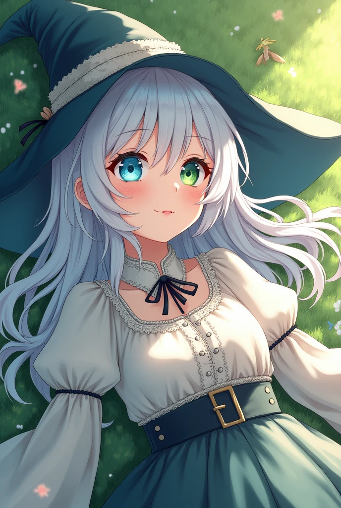 anime witch with peasant outfit white hair color with one green eye and the other blue lying down