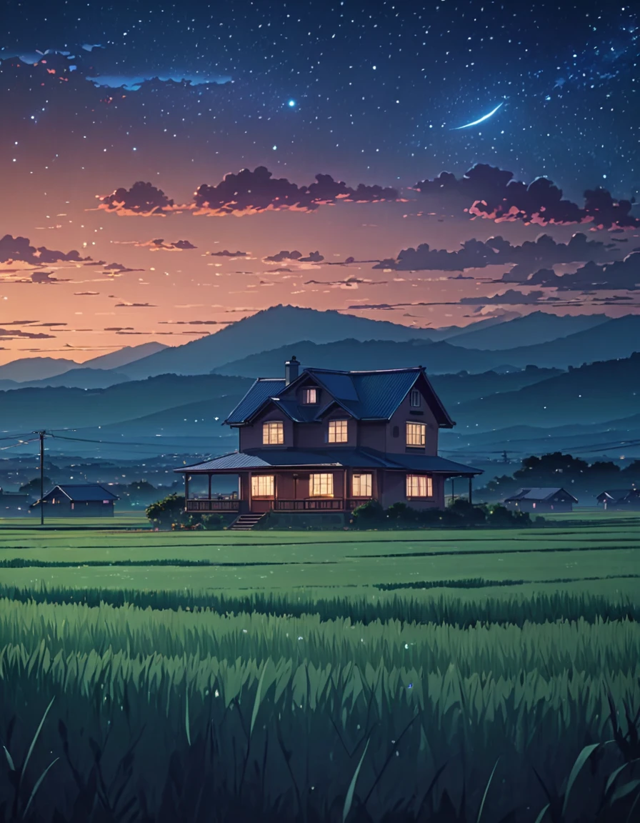 a painting of a house in the middle of a field under a night sky, animated background, animated background art, beautiful anime scene, makoto shinkai cyril rolando, amazing wallpaper, anime art wallpaper 4k, anime art wallpaper 4k, anime art wallpaper 8k, animated sky, Fondo de pantalla de animated landscape, beautiful animated landscape, animated landscape
