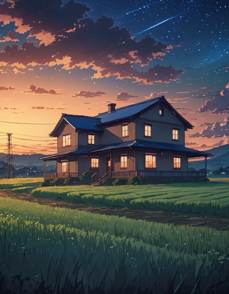 a painting of a house in the middle of a field under a night sky, animated background, animated background art, beautiful anime scene, makoto shinkai cyril rolando, amazing wallpaper, anime art wallpaper 4k, anime art wallpaper 4k, anime art wallpaper 8k, animated sky, Fondo de pantalla de animated landscape, beautiful animated landscape, animated landscape