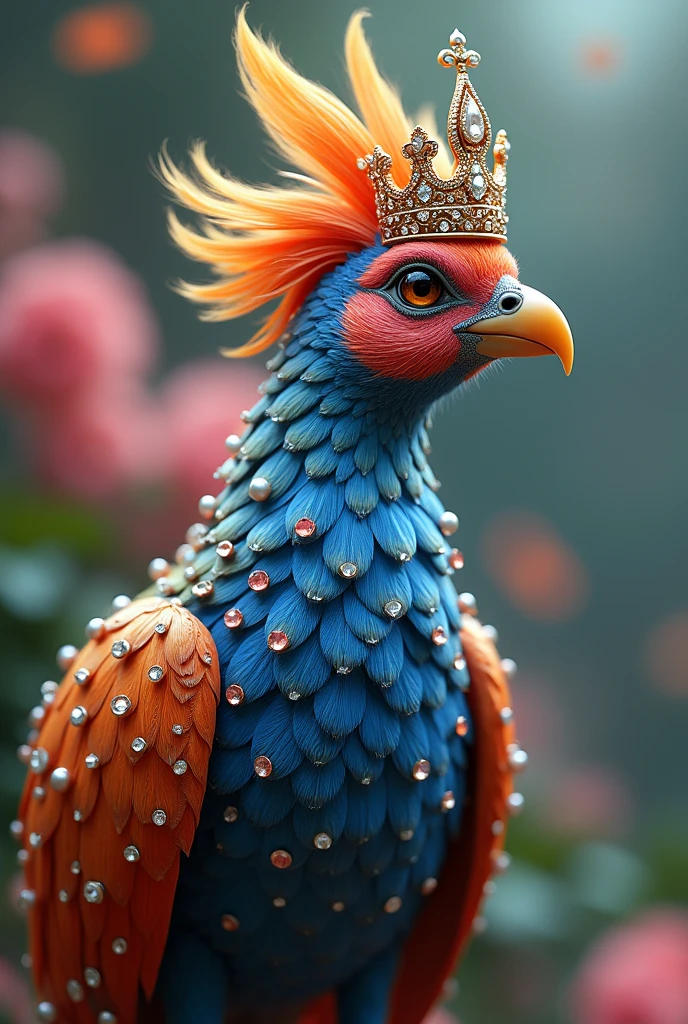 A very beautiful colourful 4K bird which is chirping and speaking, its feathers are studded with diamonds and pearls. On its head is a crown of gold, silver and diamonds and pearls.