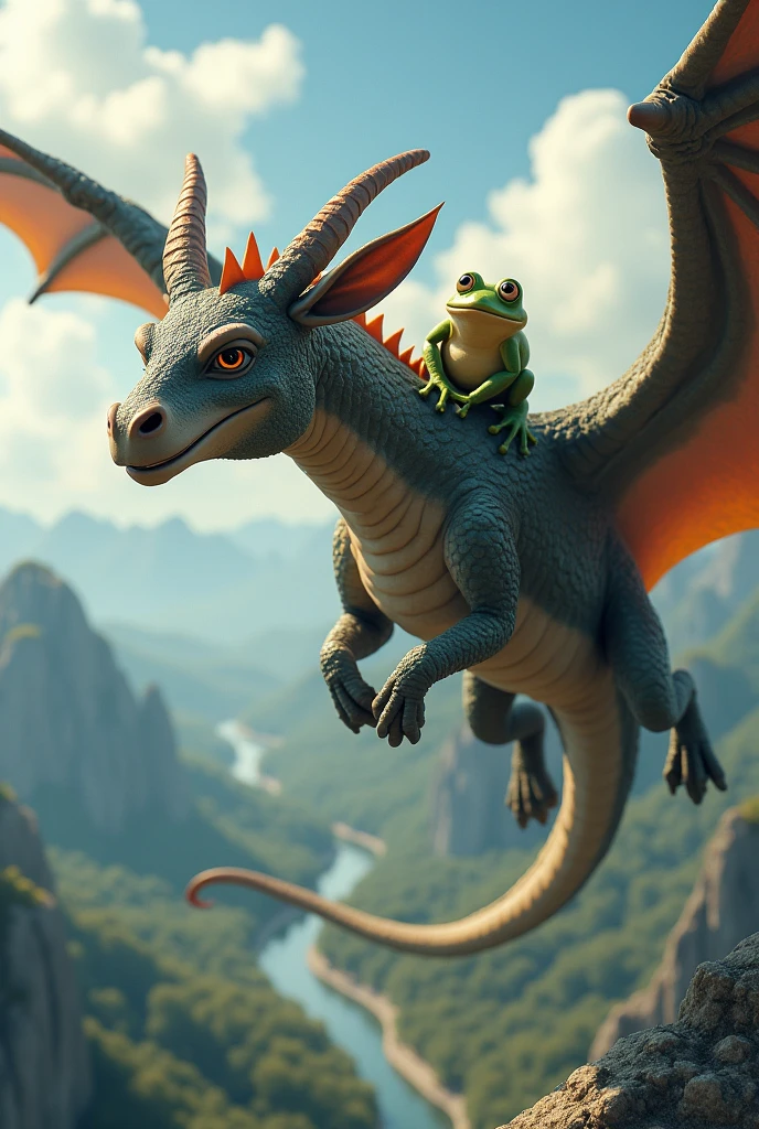 a dragon flying, with a donkey on one wing and a frog on the other, giant 3d image