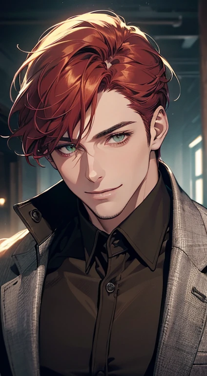 ((a mature man, very handsome, smile in love, short grey red hair, green eyes, perfect face without errors)), ((buttoning the jacket, CEO)), (best quality, masterpiece, 8K, photorealistic, cinematic lighting, hdr image, ultra detailed, beautiful image), (portrait, detailed facial features, intricate textures, realistic skin tones, highly detailed, ultra-realistic), (warm lighting, soft shadows, dramatic lighting), (muted color palette, rich tones), (professional photography, high resolution, studio lighting)