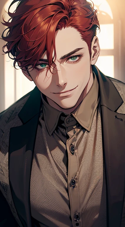 ((a mature man, very handsome, smile in love, short grey red hair, green eyes, perfect face without errors)), ((buttoning the jacket, CEO)), (best quality, masterpiece, 8K, photorealistic, cinematic lighting, hdr image, ultra detailed, beautiful image), (portrait, detailed facial features, intricate textures, realistic skin tones, highly detailed, ultra-realistic), (warm lighting, soft shadows, dramatic lighting), (muted color palette, rich tones), (professional photography, high resolution, studio lighting)