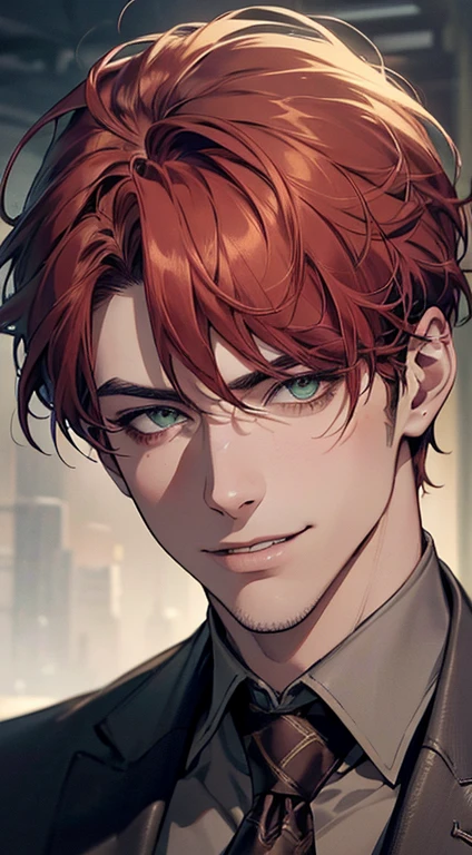 ((a mature man, very handsome, smile in love, short grey red hair, green eyes, perfect face without errors)), ((buttoning the jacket, CEO)), (best quality, masterpiece, 8K, photorealistic, cinematic lighting, hdr image, ultra detailed, beautiful image), (portrait, detailed facial features, intricate textures, realistic skin tones, highly detailed, ultra-realistic), (warm lighting, soft shadows, dramatic lighting), (muted color palette, rich tones), (professional photography, high resolution, studio lighting)