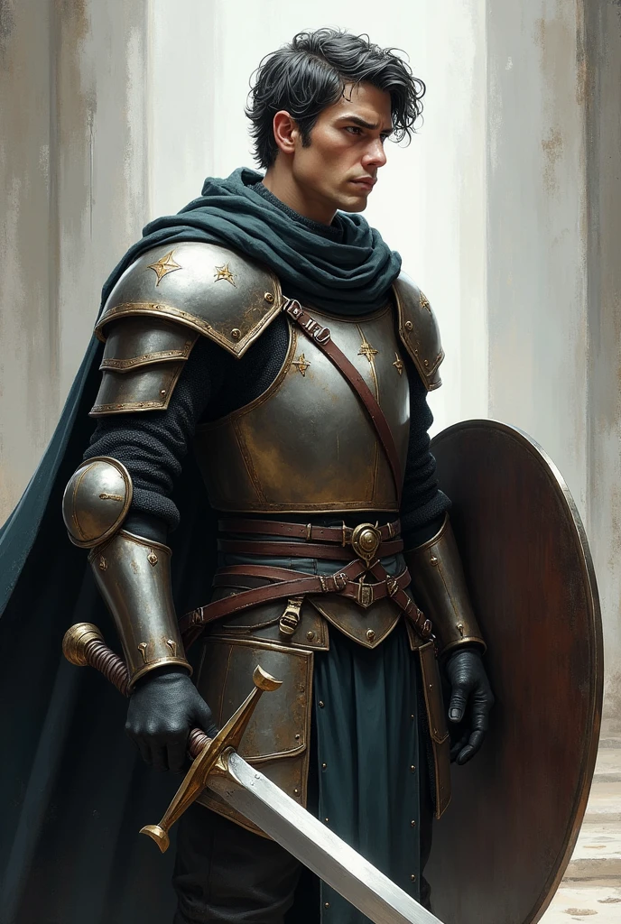 become a paladin around age 40, white, military short hair, He has black hair with some gray. He holds a sword and shield and is in a leadership position..