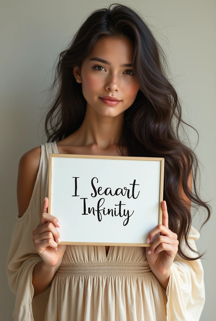 Beautiful girl with wavy long hair, bohemian dress, holding a white board with text "I Love Seaart Infinity" and showing it to the viewer