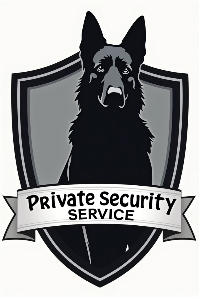 Description of a possible design for the private security company&#39;s shield with a German Shepherd dog and the text "Private Security Service":

• Shield Shape: A classic shield with black edges to represent authority and protection.

• Central Image: In the center of the shield, The silhouette of a majestic German Shepherd dog is seen in a vigilant and protective attitude. Its distinctive features such as erect ears and firm posture make it stand out as a symbol of security..

• Text: At the bottom of the shield, on a white ribbon with black letters, it reads "Private Security Service", convey it clearly