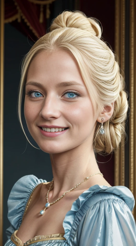 Raw photo、Highest quality、moody lighting, One woman、Rococo dress、Lady、((Swedish, Age 27, Blonde, Chignon Hair, Ice Blue Eyes, Long face, High nose, Smile in ecstasy:1.4)), Woman in light blue dress, slim and small breasts, necklace, Rococo Queen, Rococo portrait, Exquisite and aristocratic, Aristocratic appearance, 優雅なLady, 18th Century Duchess, 18th century style