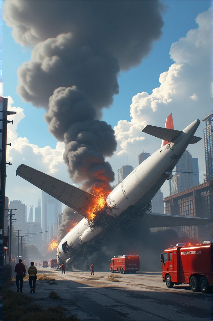 plane crash, place a fallen conegaldo plane on the ground near a city, smoke coming out of his wings and firefighters around him