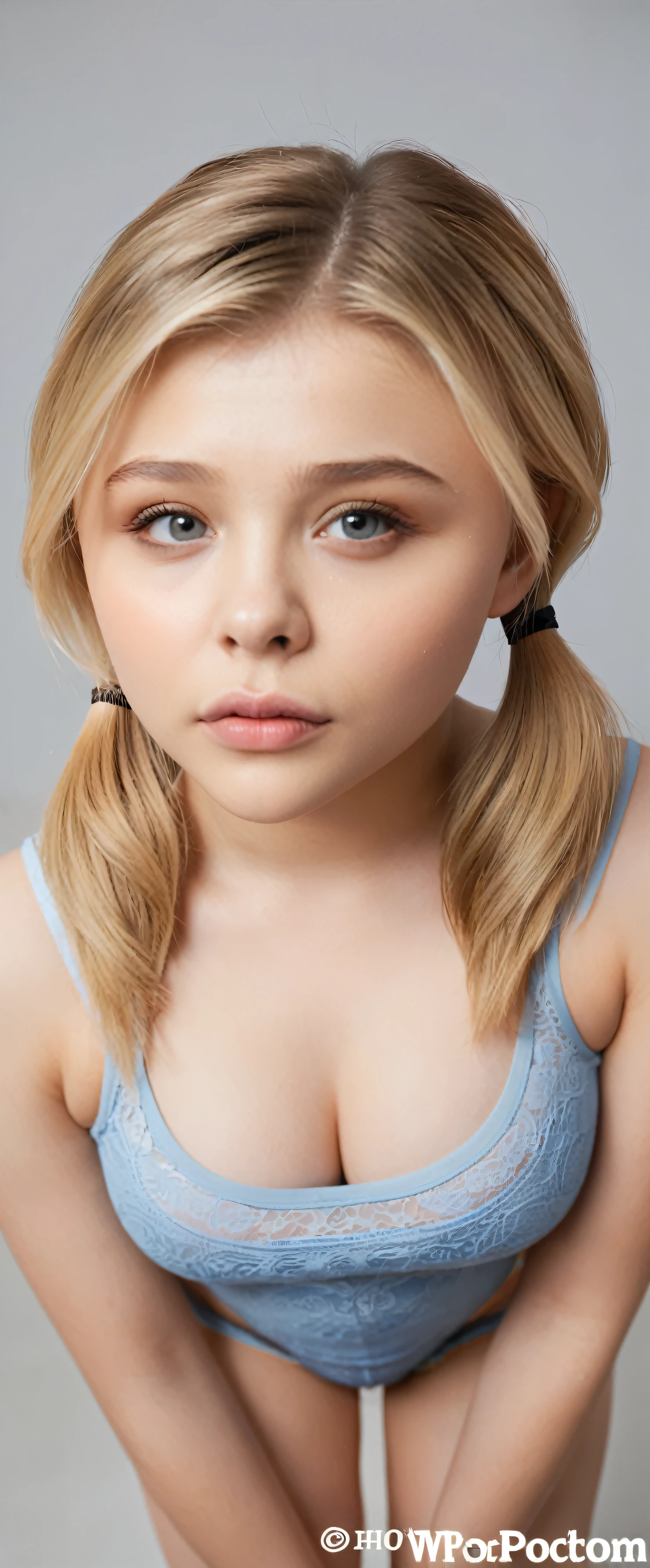 Symmetrical, High Detail RAW Color Photo Professional Photo, [:( High Detail Face: 1.2): 0.1], chloe grace moretz, pores, real skin, large breast focus, shining eyes, looking at the audience, shadow, bloom, natural lighting, hard focus, film grain, photographed with a Sony a9 II Mirrorless Camera, realistic, post-processing, maximum detail, beautiful thin blonde teen, large perky breasts, full body picture, panties, pig tails, nsfw