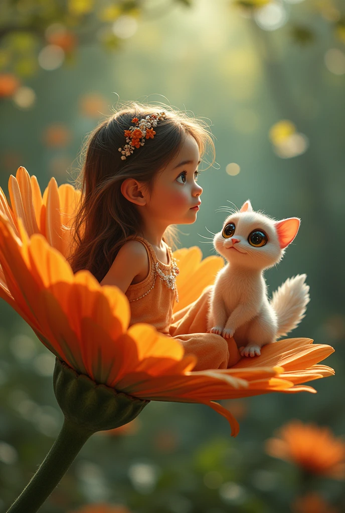 A young girl sat on a giant flower. Beside her was a small magical creature, its large eyes shimmering with wisdom as it watched her closely.