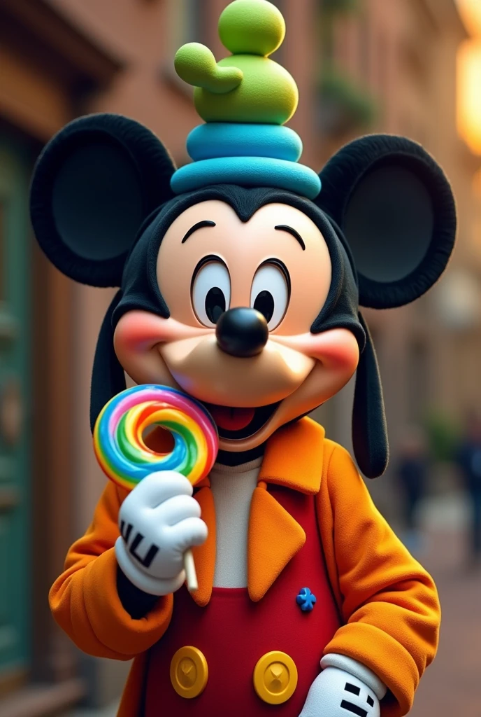 goofy from mickey mouse eating a rainbow lollipop