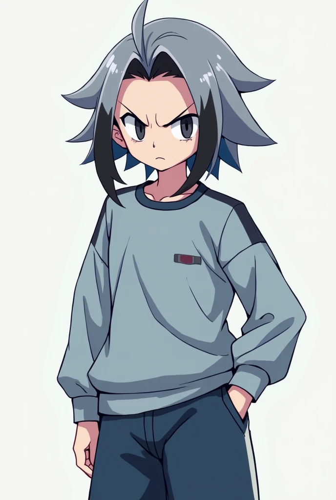 A blue look style character with a more Pokémon trainer theme, a short boy with a very rigid mentality, has black eyes with white pupils, long hair up to the beginning of the neck, gray in color with black highlights, wears an informal style of clothing, como tiktoks, always wearing a sweatshirt and pants made of comfortable, loose fabric