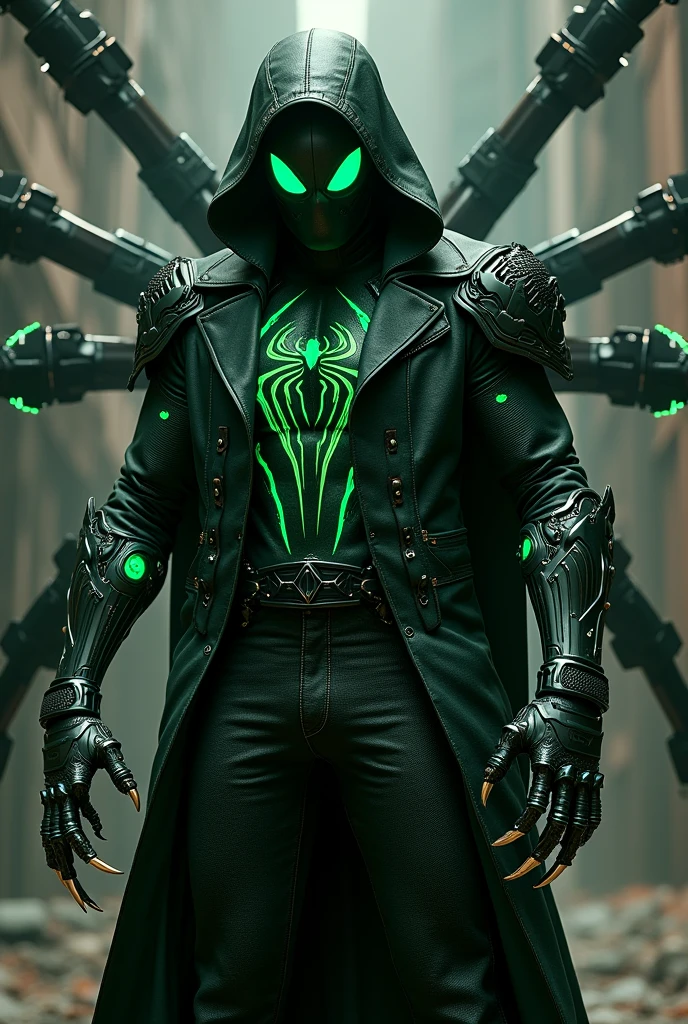 Create a villainous Spiderman, he has a green technological armor, he also has a leather jacket that has a hood that covers his head, his mask lenses must also be intense green, he will have some parts of his suit that must be black where There are some lines of green lava, and his spider on his chest is the same as the one Venom has, also some ferrous claws on his hands and he also has 4 spider legs that are mechanical and are large, they are part of the armor.