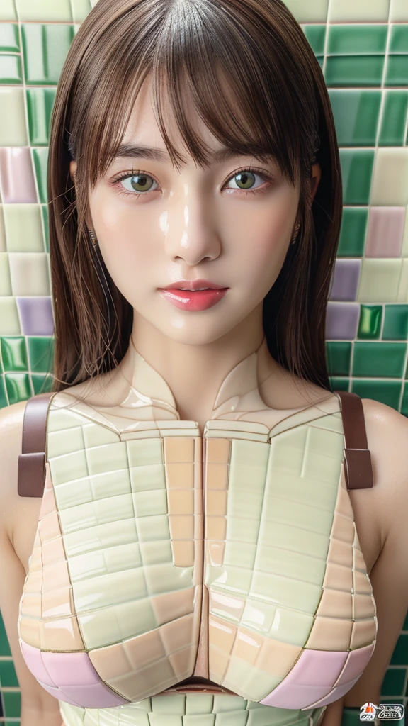 (masterpiece, ultra-detailed, ultra-realistic, best quality, clear focus, photorealistic), (ultra-high resolution, 8k:1.3), (full body:1.3), perfect anatomy, perfect face, (detailed face, detailed eyes:1.3), (1 beautiful Japanese girl), (sexy Japanese:1.3), (her body is colorful pastel colored glossy tiled whole body with no gap:1.4), (very large breasts, hip focus)