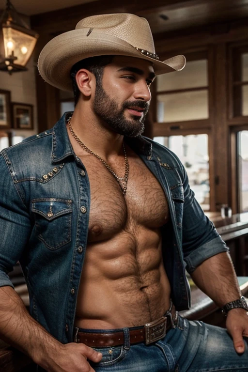 (((HdR)))  handsome Lebanese man burly bodybuilder close up in tight studded jeans,  strong muscular legs , with a beige plaid shirt and cowboy hat,  Ultra realistic masterpiece high detail 8k large belt buckle , Profile con joyería de oro y brazaletes fondo de estudio con bigote , smiling chain necklace chubby, Bear, (Profile),   (25 years  ) perfect eyes and hands ((( perfect face)))  hairy chest, in the bar