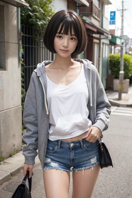 the front view of a japanese woman,street area,telephone poles,garbage collection center under the telephone pole, Japanese girl,Slender body,small hip, BREAK (wearing light gray hoodie),(open hoodie), BREAK (wearing ripped denim shorts), black short hime cut hair with blunt bangs, sandals,panty line, (no bra),smile,(breasts out:1.1), early morning,i carry a garbage bag,high resolution,standing in front of the trash can,put garbage in the trash can,shooting through the trash can,(from head to knee shot),leaning forward,(from above),looking at another,(visible shadow of erect nipples),