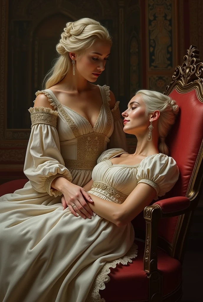 create an art of the two female characters Daenerys Targaryen from the Game of Thrones series and Alicent Hightower from the House of the Dragon series. Alicent Hightower looks like actress Olivia Cooke in the series House Of The Dragon. Leave it in Renaissance style with Daenerys lying on Alicent's lap.