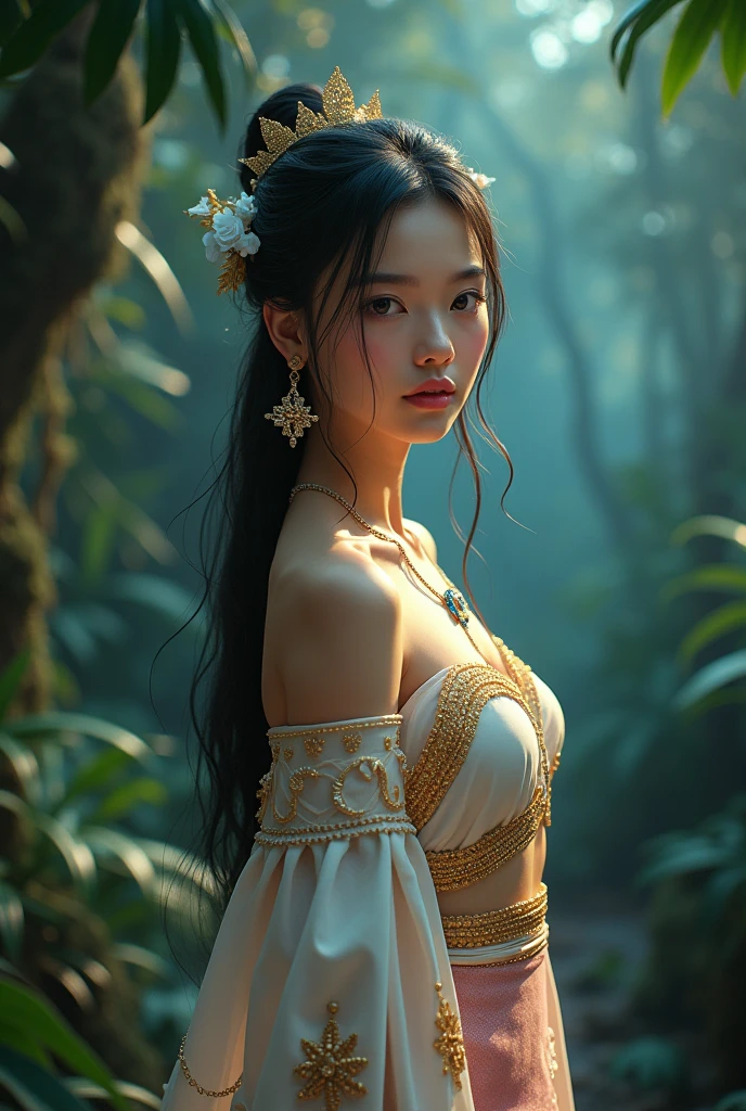 full lenght hiper 4k Think of it as a movie poster. In the Wind of Flowers. Full-length standing shot of a beautiful, sweet, and gentle 20-year-old woman. Pink lips and cheeks, looking straight ahead, wearing a white and gold Dusit Thai dress with sparkles, a white and gold sarong, a pink shawl, sparkling gold, and gold sparkles. The golden sparkles are on her long, black hair, tied loosely. She wears a small golden crown of Naga. She wears blue necklace and earrings. The light from the stars, a beautiful and realistic scene of a mysterious jungle. The light shines. 3D image, oil painting, sharp image