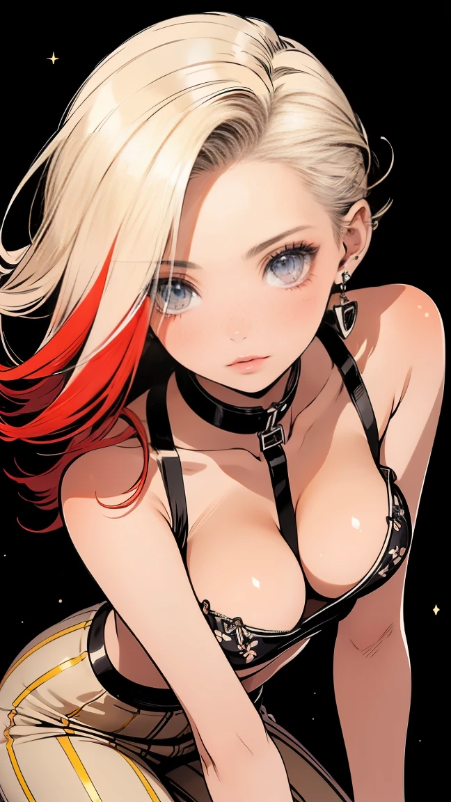 ((((highest quality)))), (((Ultra-precision CG 16K))), (((masterpiece))), (((Very detailed))), (((Extremely detailed))), (((Black outline:1.3, Written boundary depth:1.3 , Written soft outline, sharpness))), Maximum clarity and sharpness, Multilayer Texture, Surface Shading, Cinematic lighting, Beautiful details sparkle ,Perfect Proportions, Limited to one woman, BREAK accurate, Anatomically correct, Highly detailed face and skin texture, drawn in detail, Highly detailed facial and skin texture, Detailed eyes, beautiful hair, Beautiful Japanese Idol face, Beautiful and beautiful eyes, Beautiful body, Beautiful breasts, Beautiful thighs, Beautiful legs, Beautiful fingers, (Beautiful views) , skinny body, ((Beautiful Skin)), ((Skin Texture)) BREAK breast enlarged, medium Breasts, rocket breasts, (((perky breasts))), ((covered nipples)), slender waist, ( narrow eyes, blush, determined expression, hot, sweaty , Heavy breathing,) , (streaked hair, hair intakes, colored inner hair, ) BREAK (((wearing oversized printed sexy professional clothing , wearing wide-leg-pants, breasts is covered by outfit))) , wearing earrings, (((suntanned skin, tan lines))) , BREAK ( stick breast out, bending over, street fight, spotlighting ),(((looking at viewer, super detailed background , ))), BREAK (((portrait , close-up of face, bust-up shot, looking at viewer, )), (natural make), random angle, random situation , pinup magazine pose