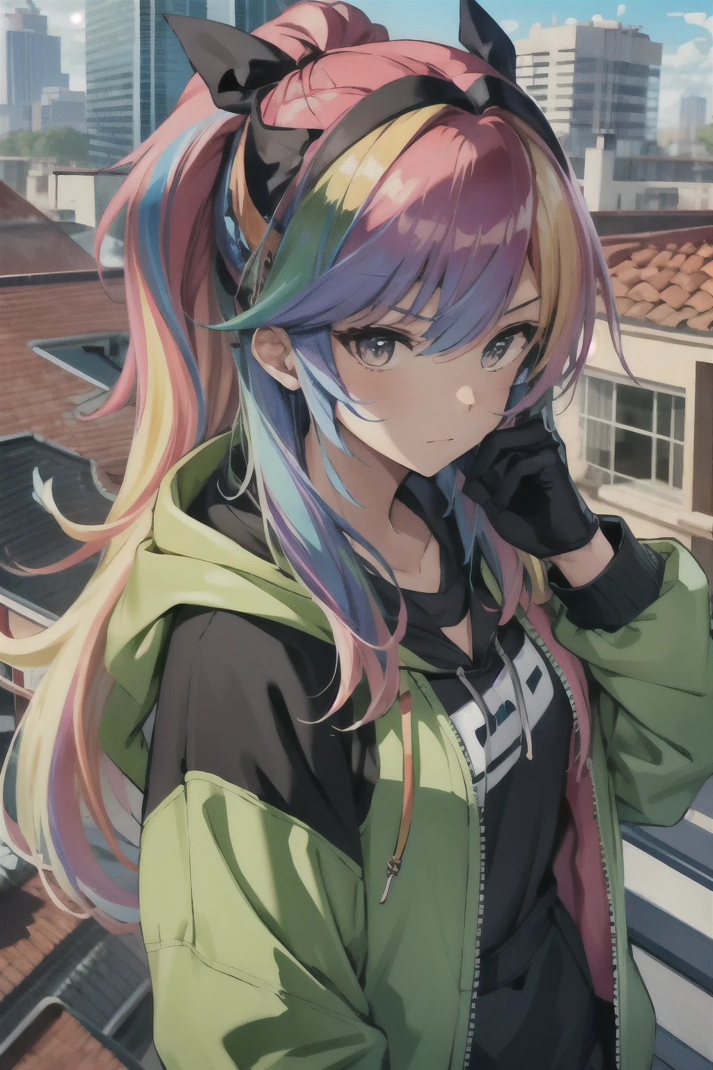 1girl, rainbow hair, indoors, gloves, hoodie, outdoors, rooftop, hair extensions