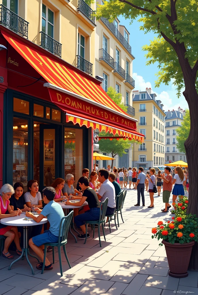 A lively outdoor café in Montmartre, with patrons seated at small round tables under striped awnings. Artists work at easels nearby, capturing the colorful atmosphere. Bright dresses, vivid flowers, and animated conversations blend into a vibrant tapestry of Parisian life.