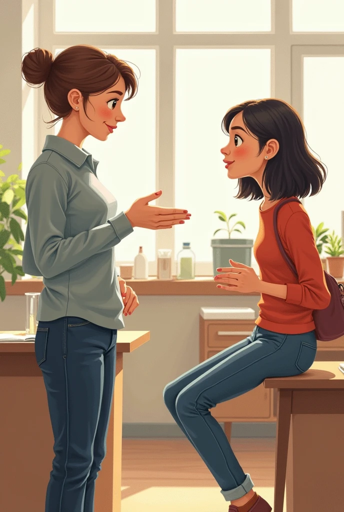 A drawing of a teacher in her classroom communicating through sign language with her deaf student