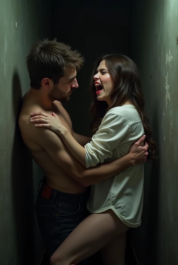 Photo realistic screaming russian woman being undressed by a man for his huge penis