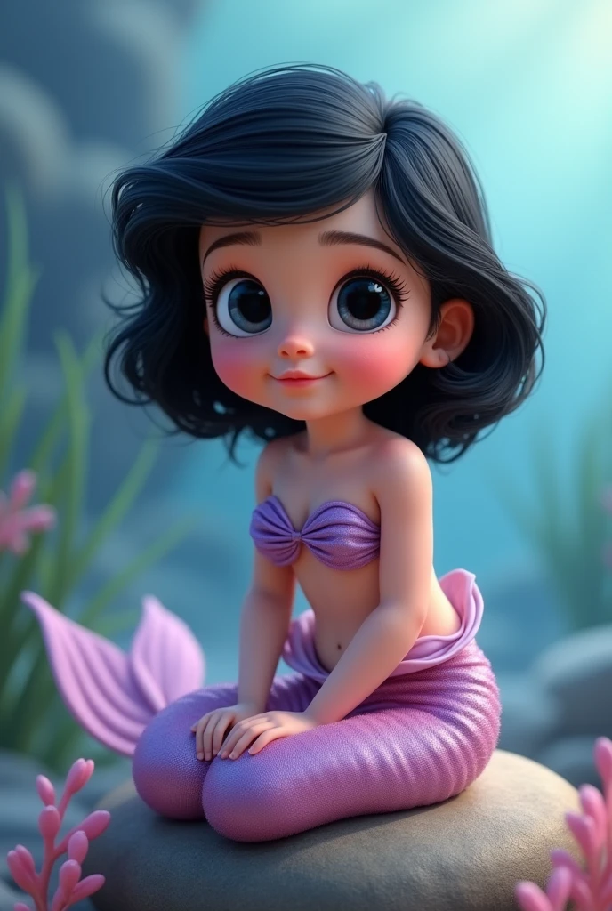 create the image of a baby mermaid, with black hair and short, black eyes, with mermaid tail in lilac and baby pink colors, not Disney Pixar style