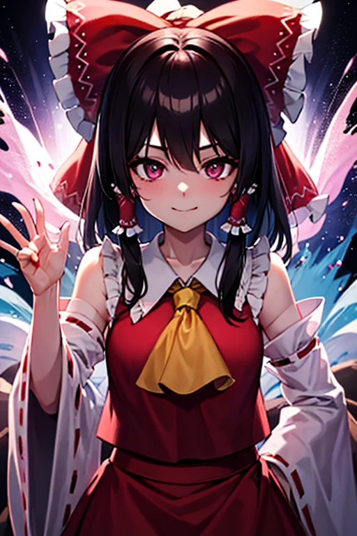 Reimu with her bewitching purple eyes smiles devilishly and unleashes a pink large wave attack on a dark road at night.