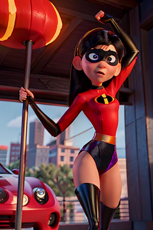 2 girls, leotard, pole dancing, Violet Parr, Incredibles, medium breasts, detailed expressions, beautiful eyes, Pixar Animated style, cinematic lighting, detailed background, hdr, uhd, 4k, 8k, high-quality image, sharp focus