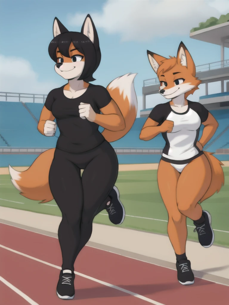 Furry, fox, female, black shirt, black leggings, shoes, running track, friends, full body