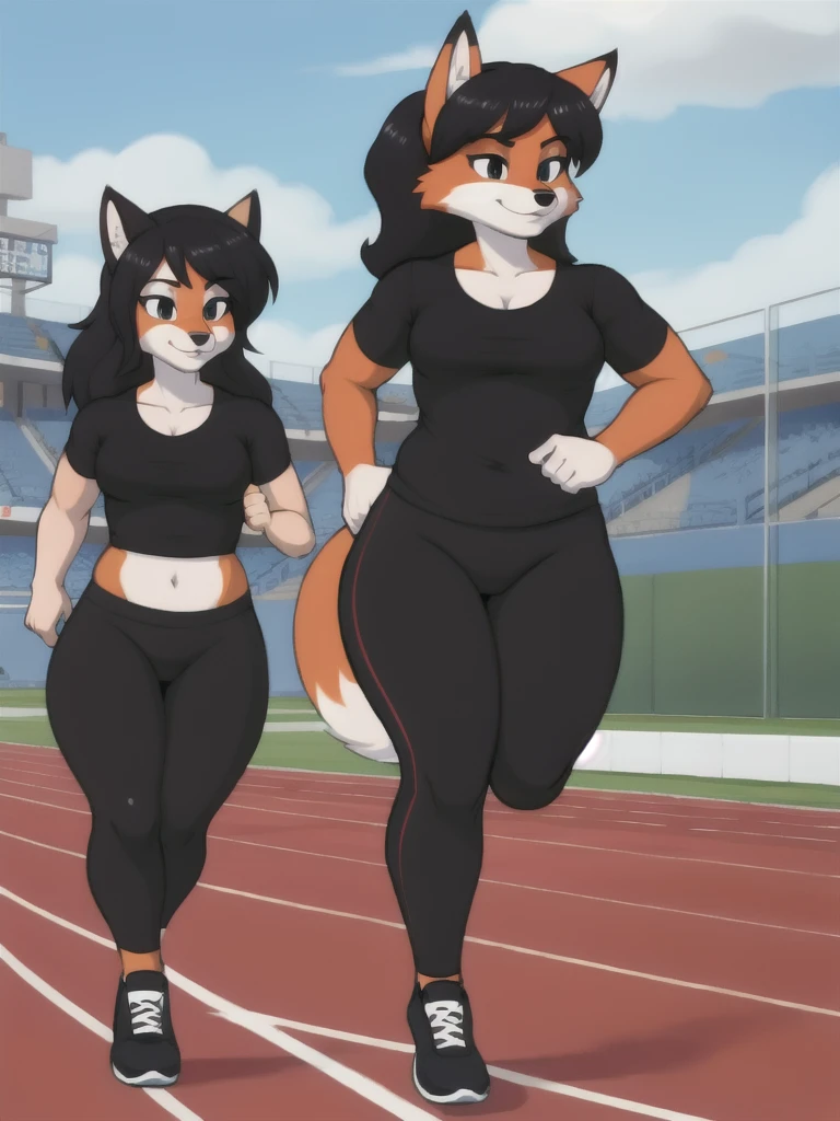 Furry, fox, female, black shirt, black leggings, shoes, running track, friends, full body