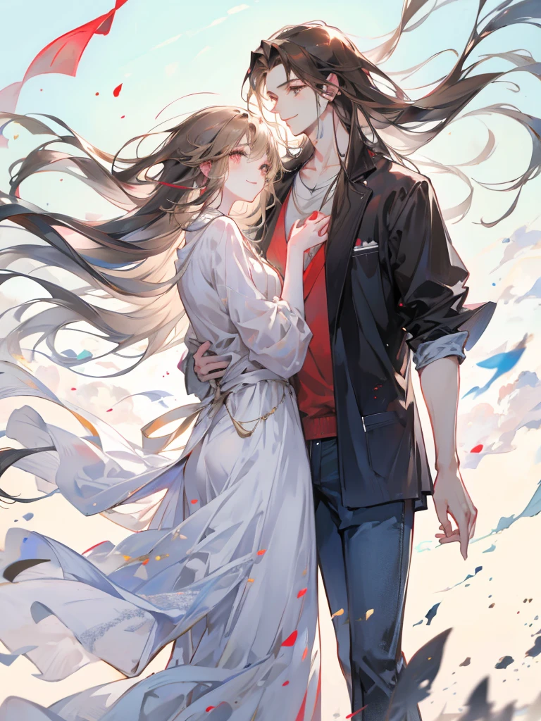 masterpiece, , cute, romantic, Highest quality, 2 others, Couple, mature, Adult, Height difference, Different Fashion, Different colors, Casual clothing, Summer clothes, smile, Happy, like, Swirling Wind, blue sky, Long-haired men, Light brown haired man, Black-haired woman