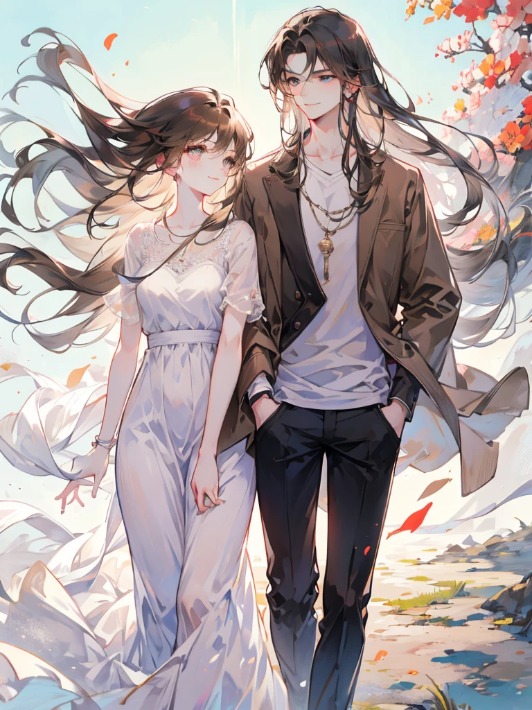 masterpiece, , cute, romantic, Highest quality, 2 others, Couple, mature, Adult, Height difference, Different Fashion, Different colors, Casual clothing, Summer clothes, smile, Happy, like, Swirling Wind, blue sky, Long-haired men, Light brown haired man, Black-haired woman 
