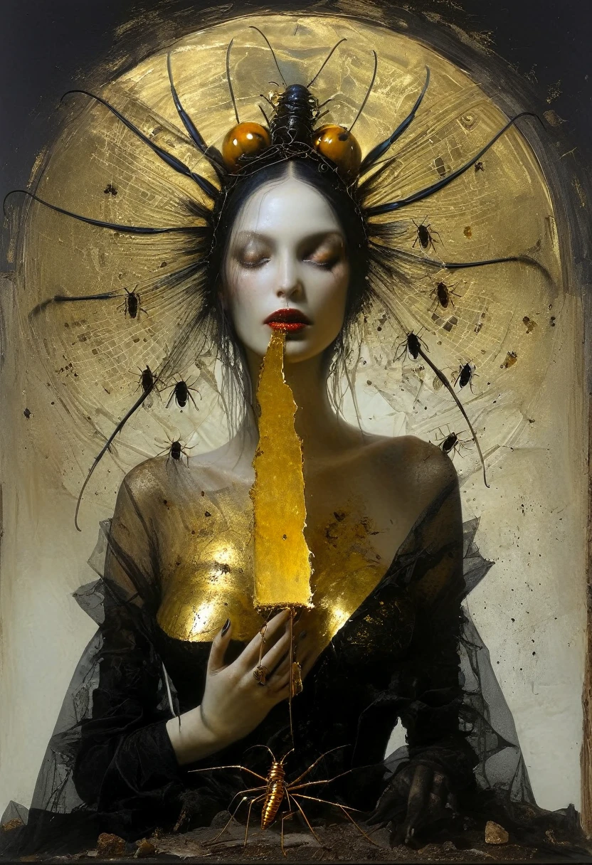 James Gurney, Surrealist art , dreamlike, mysterious, provocative, Symbolic, complex, detailed,, (Gothic but very pretty.:1.4), (masterpiece, of the highest quality:1.4) , Style Nicola Samori, femme fatale wrapped in a golden aura. While some insects fly around.
