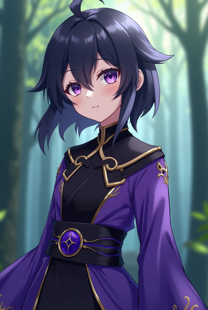 Anime girl in purple and black clothes standing in front of a forest, Keqing of Genshin Impact, Genshin Impact Mid-Range, Haise Jinyao, Ayaka Genshin Impact, Anime Moe Art Style, Black-haired wizard, Demon Slayer Louis Fan Art, Ayaka Games Genshin Impact, Yunling, Inspired by Song Maojin