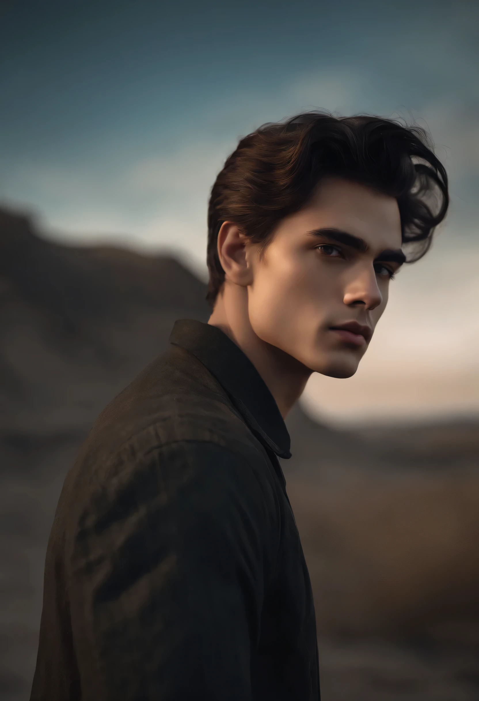 There is a young man, brunette hair, look at side, gloomy air, work of art, best qualityer, realisitic, 1 men, male focus, bonitas, [thick eyebrows], portraite, extreme detailed face, Bblack hair, (shorth hair)