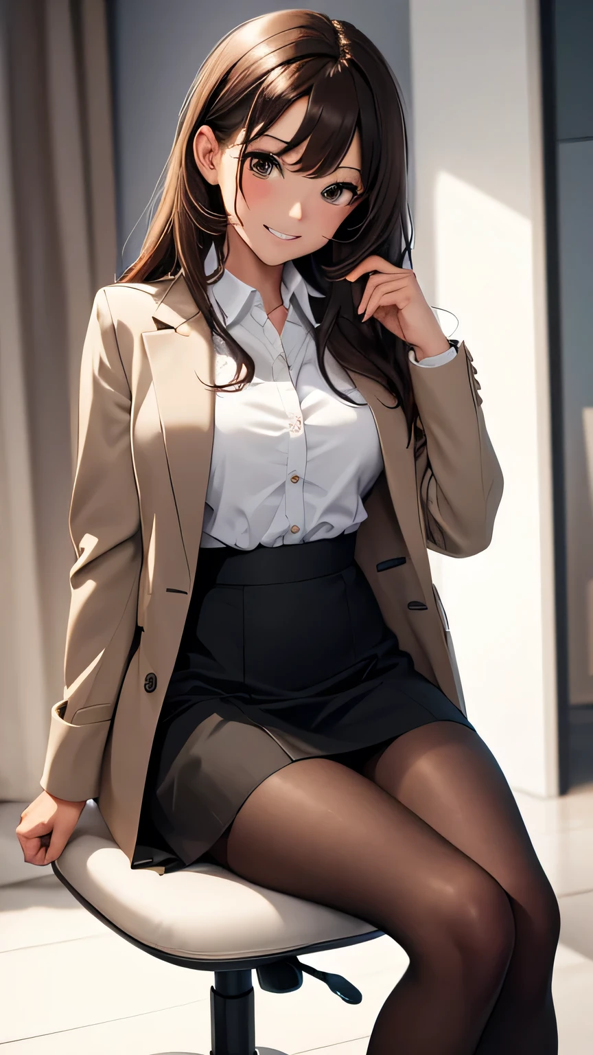 Highest quality, Soft Light, Ultra-high resolution,People Girls, alone, sexy, (Toothy smile), (Brown eyes), Beautiful face in every detail,(High resolution detail of human skin texture), (Brown medium hair),(Sweat:1.2),(masterpiece:1.3),(Realistic:1.2),(Open your mouth:1.1),Dress shirt,Jacket,Tight Skirt,stockings,Sit with one knee raised,Name tag
