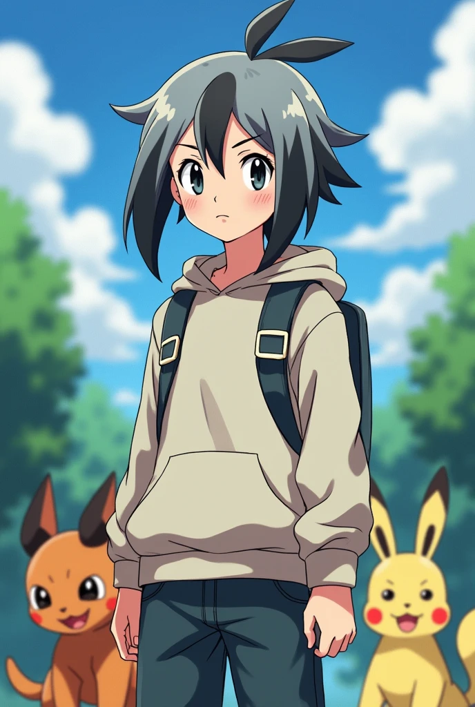 A pokemon trainer character, a short boy with a very rigid mentality, has black eyes with white pupils, long hair up to the beginning of the neck, gray in color with black highlights, wears an informal style of clothing, como tiktoks, always wearing a sweatshirt and pants made of comfortable, loose fabric