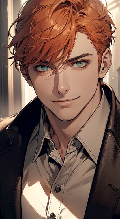 ((a mature man, very handsome, smile in love, short grey orange hair, green eyes, perfect face without errors)), ((buttoning the jacket, CEO)), (best quality, masterpiece, 8K, photorealistic, cinematic lighting, hdr image, ultra detailed, beautiful image), (portrait, detailed facial features, intricate textures, realistic skin tones, highly detailed, ultra-realistic), (warm lighting, soft shadows, dramatic lighting), (muted color palette, rich tones), (professional photography, high resolution, studio lighting)