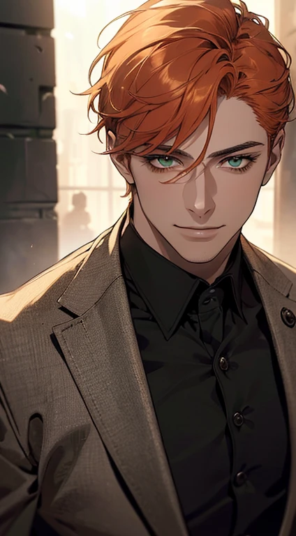 ((a mature man, very handsome, smile in love, short grey orange hair, green eyes, perfect face without errors)), ((buttoning the jacket, CEO)), (best quality, masterpiece, 8K, photorealistic, cinematic lighting, hdr image, ultra detailed, beautiful image), (portrait, detailed facial features, intricate textures, realistic skin tones, highly detailed, ultra-realistic), (warm lighting, soft shadows, dramatic lighting), (muted color palette, rich tones), (professional photography, high resolution, studio lighting)