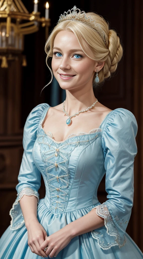 Raw photo、Highest quality、moody lighting, One woman、Rococo dress、Lady、((Swedish, Age 27, Blonde, Chignon Hair, tiara, Ice Blue Eyes, Long face, High nose, Smile in ecstasy:1.4)), Woman in light blue dress, slim and small breasts, necklace, Rococo Queen, Rococo portrait, Exquisite and aristocratic, Aristocratic appearance, 優雅なLady, 18th Century Duchess, 18th century style