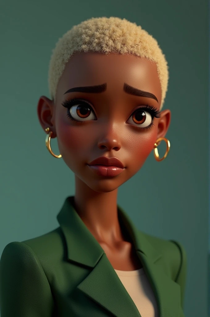 A beautiful 31 year old Pixar 3D inspired girl with black skin, blonde bald hair, small earrings, wearing a green blazer with a sad expression